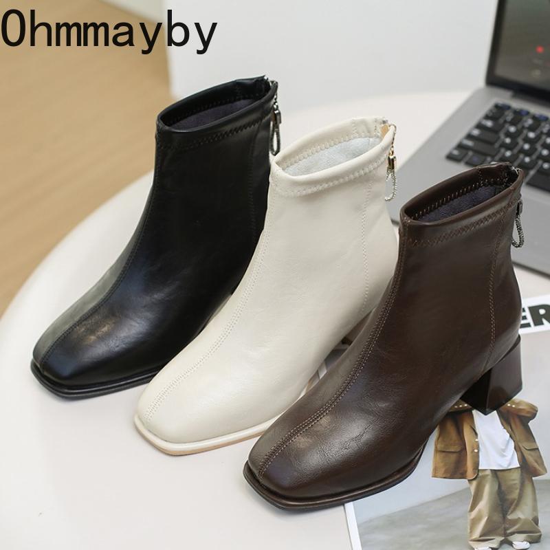 Square Toe Thick Heel Women Ankle Boots Street Style Banquet Party Dress Short Botas Autumn Winter Women's Short Plush Shoes
