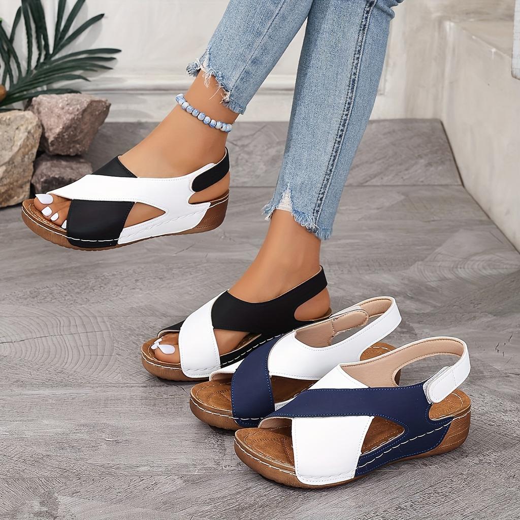 Women's Contrast Color Wedge Sandals, Peep Toe Slingback Soft Sole Shoes, Comfy Outdoor Summer Sandals