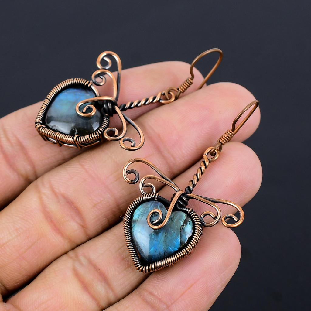 Labradorite 999 Copper Wire Wrapped Earrings, Handmade Gemstone Earrings Jewelry, Gifts For Wife Brand New Earrings
