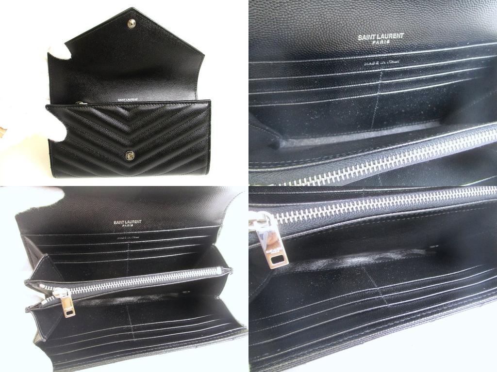 Оригинальный кошелек Saint Laurent YSL серебристый мотив YSL черная кожа длинный кошелек с клапаном #a875 Восстановленный