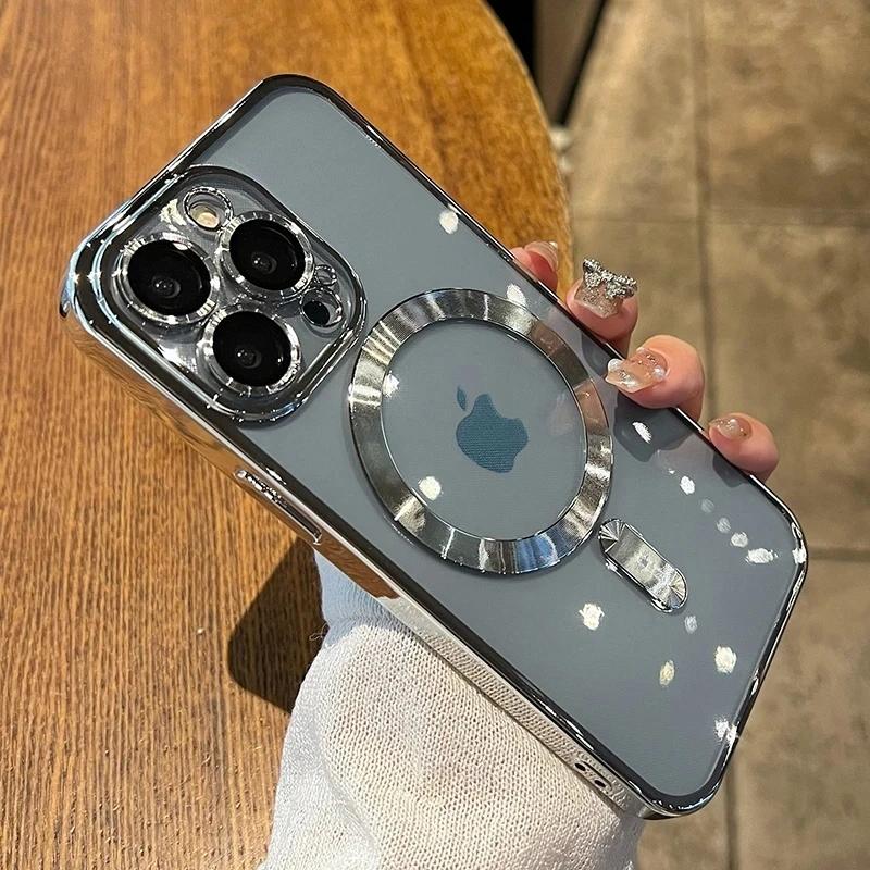Роскошный чехол для телефона Magsafe с беспроводной зарядкой для iPhone 15 14 13 12 11 Pro Max Plus, прозрачный магнитный гальванический чехол-бампер