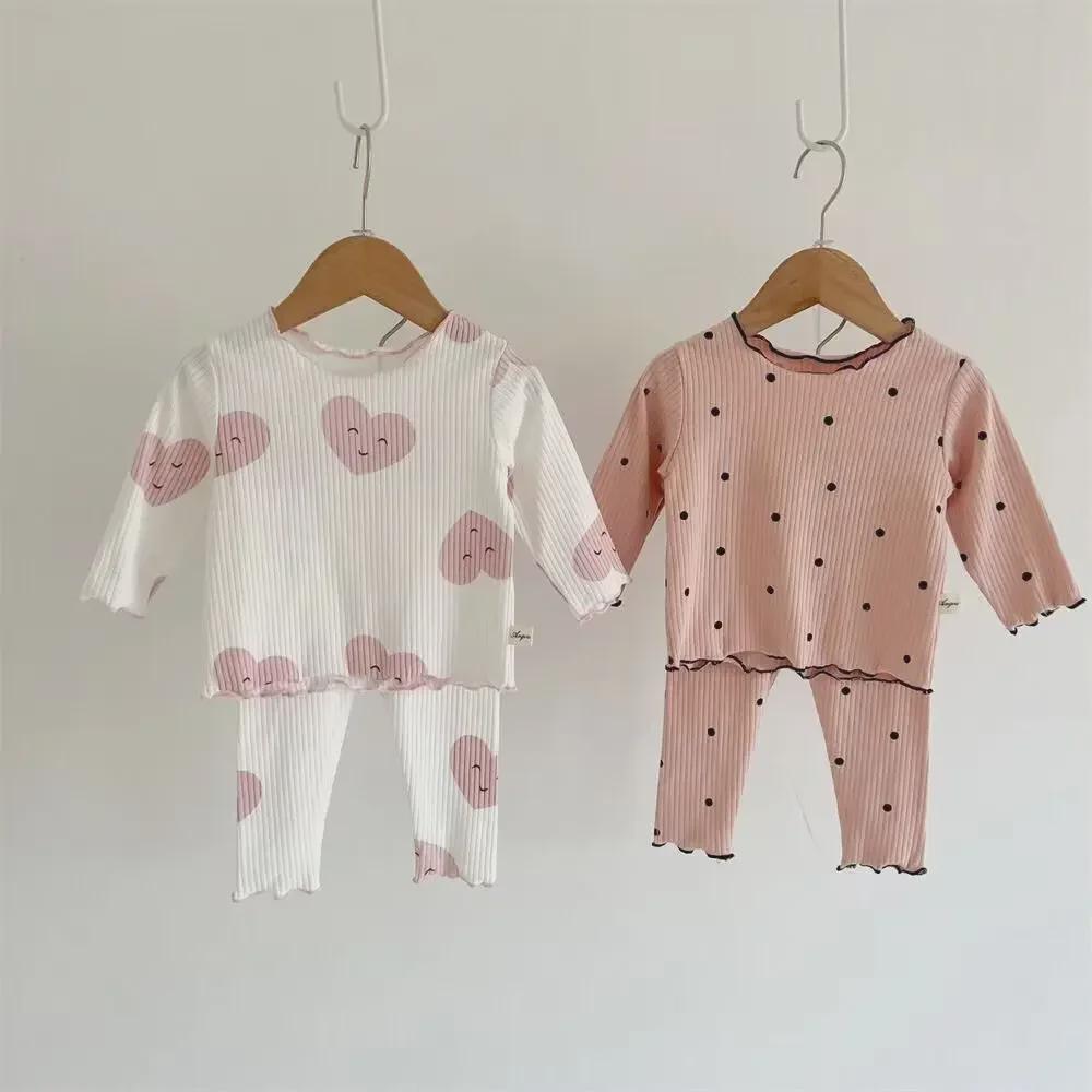Polka Dot Korean Style Girls' Pajamas - Spring, Autumn, and Winter Two-Piece Set for Kids