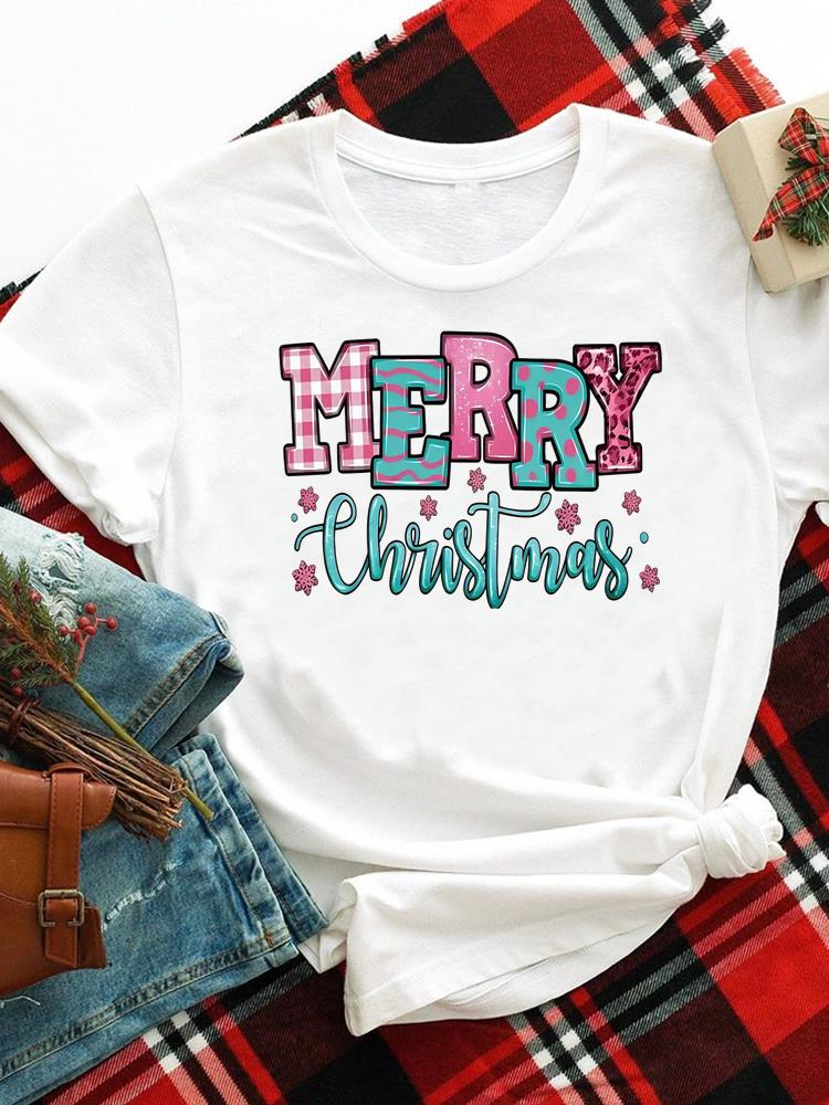 (Asian Size) Merry Christmas New Year O-neck Women's Top T Clothing Lovely Tree Trend 90s Print Short Sleeve T-shirts Fashion Holiday Graphic Tee