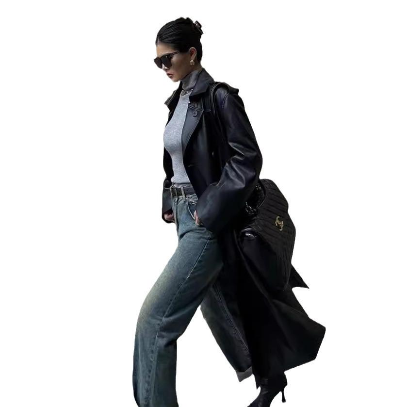 Черная коричневая ретро-куртка средней и длинной длины из кожи, женский новый свободный кожаный тренчкот