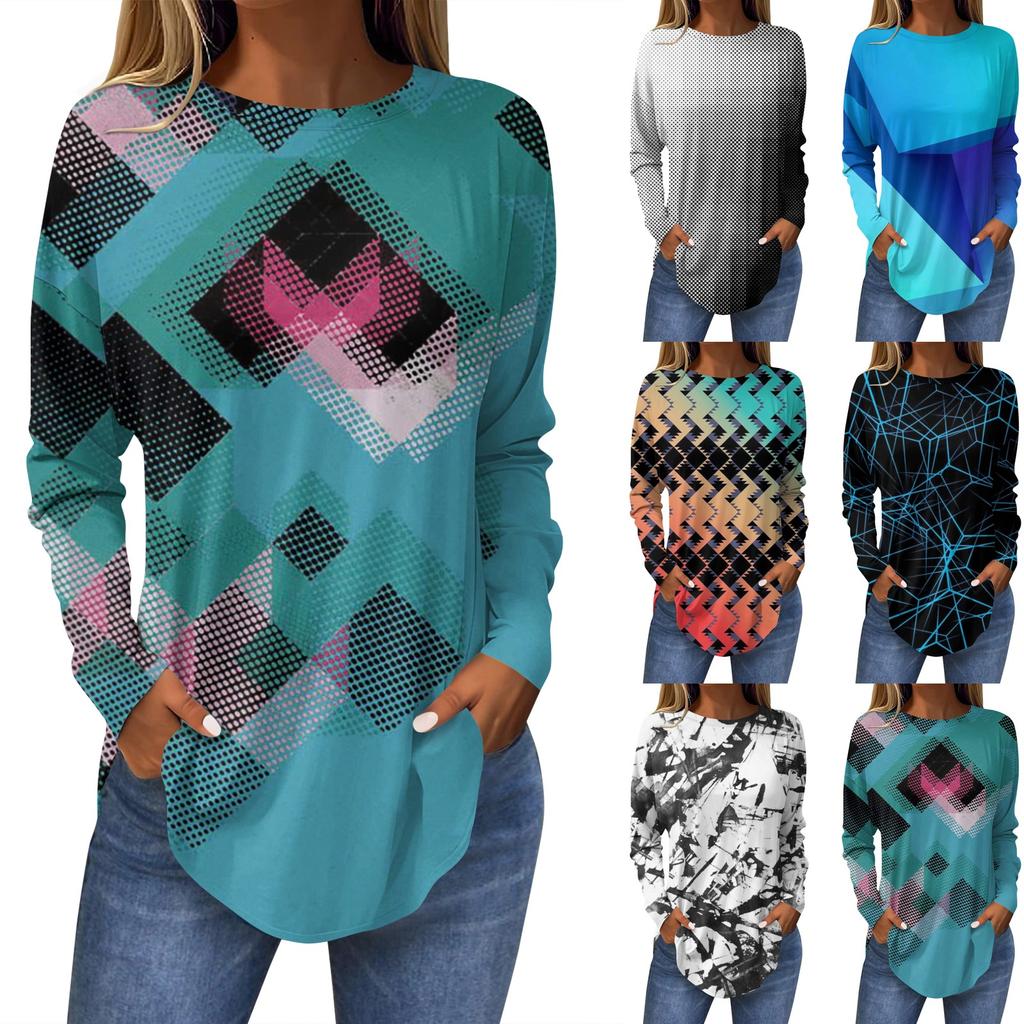 Модные женские повседневные топы с длинными рукавами и круглым вырезом с принтом