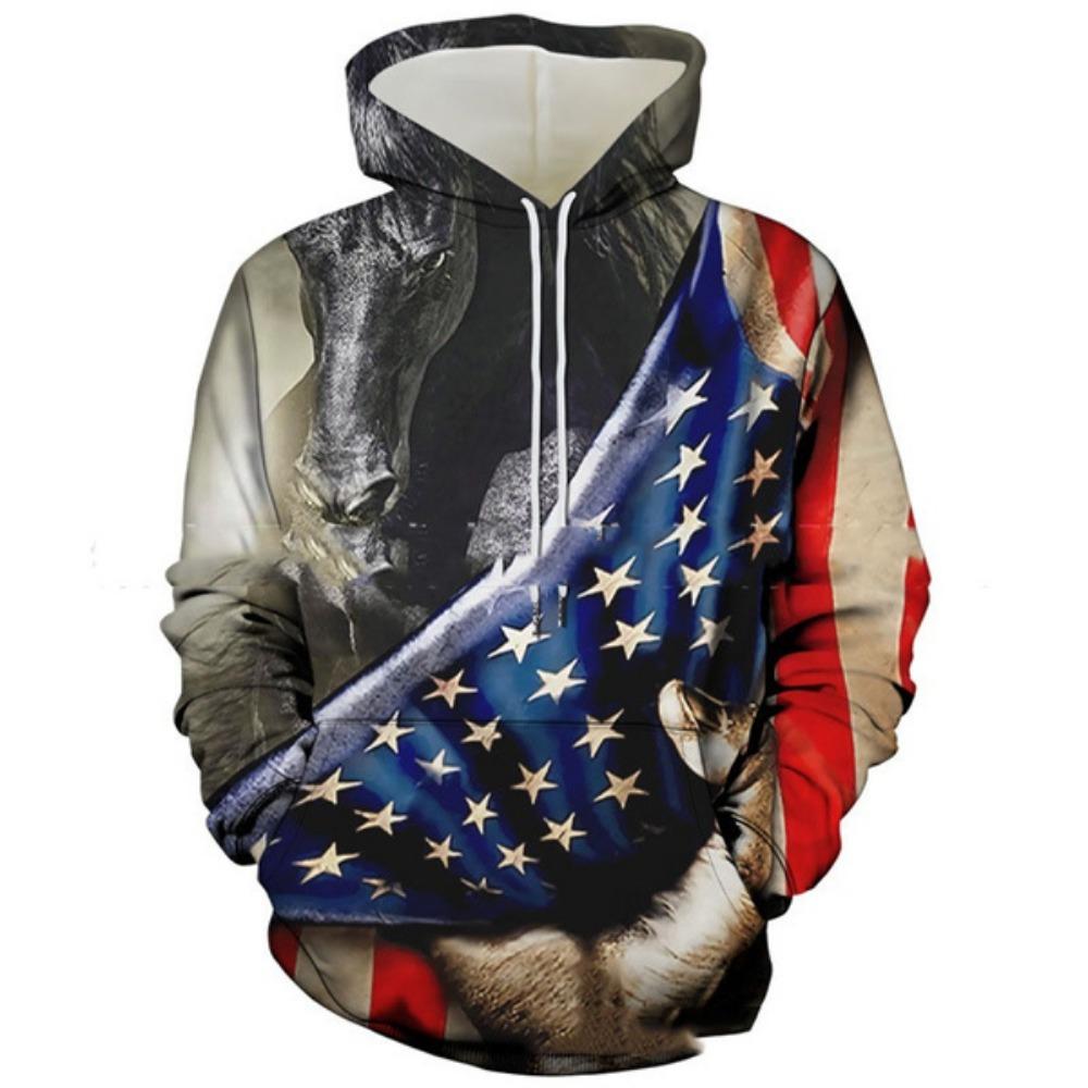 Мужская толстовка с капюшоном Hot Style с принтом флага США Cool Eagle Printed Hooded Sweatshirt Trendy Personality Hoodie Men's Long-shirts Casual Tops