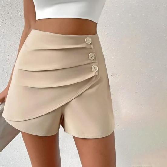 Женские летние шорты с высокой талией, асимметричные плиссированные пуговицы, однотонные, облегающие, мягкие, с контролем живота, длиной выше колена, мини-шорты
