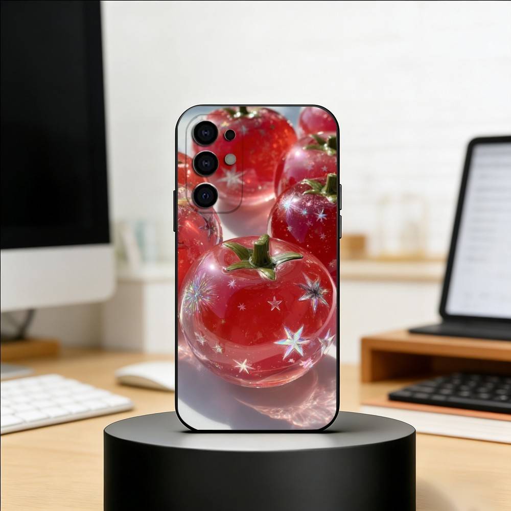 Tomato Fruit Clear Korean Cute ins Phone Case For Samsung S25,S24,S21,S22,S23,S30,Ultra,S20,Plus,Fe,Soft Silicone Black Cover