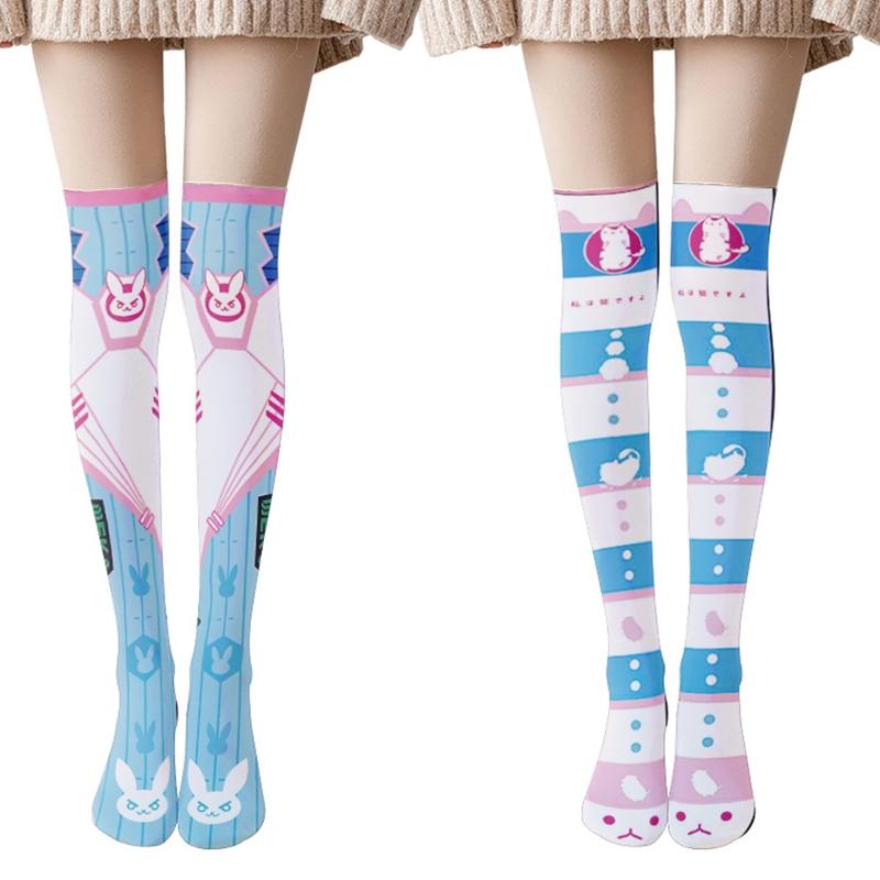 Japanese Anime Lolita Thigh High Stockings Women Girls Sweet Kawaii Cartoon Rabbit for Cat Geometry Striped Print Cosplay Over