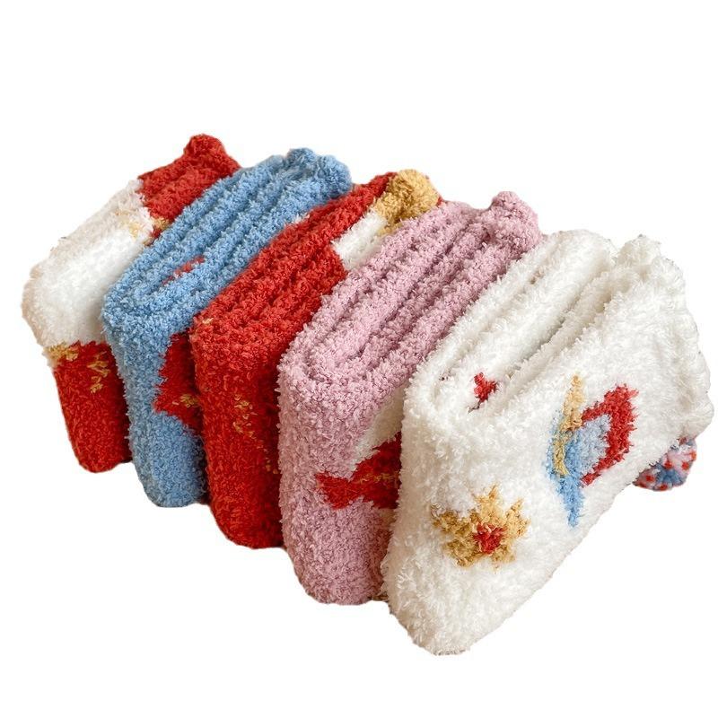 5/10 пар Удобные Повседневные Зимние Носки до середины икры из кораллового флиса Осенне-зимние Утепленные Теплые Домашние Носки для пола Японский стиль Мультяшные Носки для сна