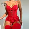 Women Sexy Deep V Sling Bodysuit See Through Heart Lace High Elasticity Romper Solid Color Shaping One Piece Underwear with Underwire