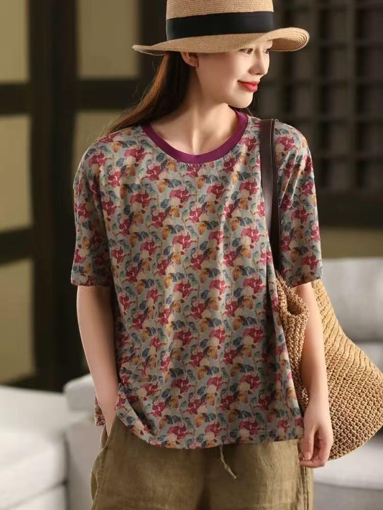Johnature Women Print Floral T-Shirts O-Neck Short Sleeve Soft Summer Loose Casual T-Shirts