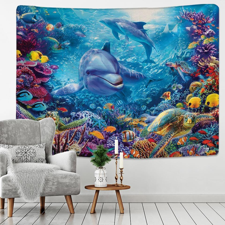 Beautiful Underwater World Dolphin Fantasy Scene Bohemian Decoration Hippie Bedroom Home Decoration Tapestry