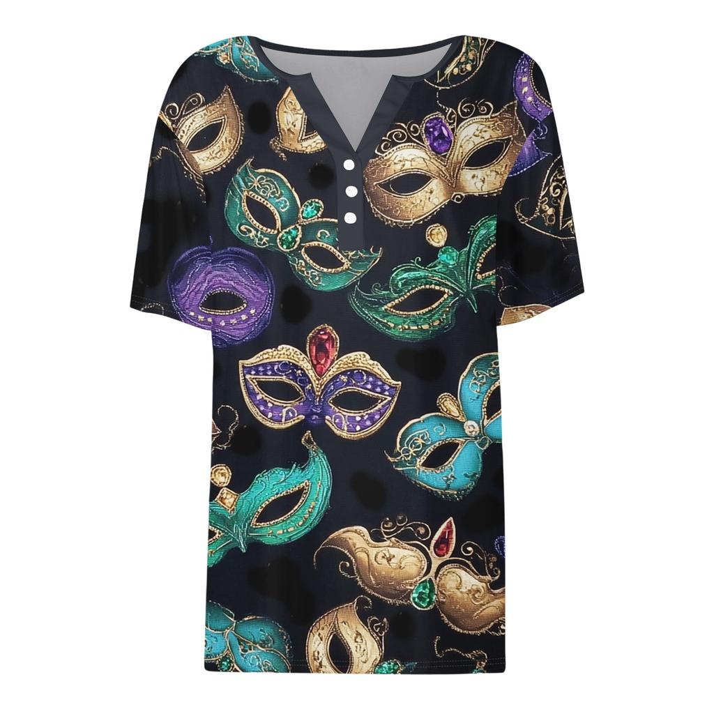 Жен. Футболка Футболка С принтом Пуговицы С короткими рукавами Повседневные Выходные Мода Классический V-образный вырез Обычный Верх