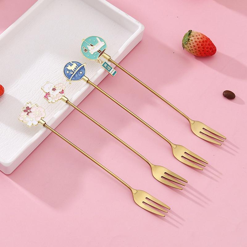 Ложка для перемешивания из нержавеющей стали 304, вилка, позолоченная кофейная десертная ложка с котом звездного неба