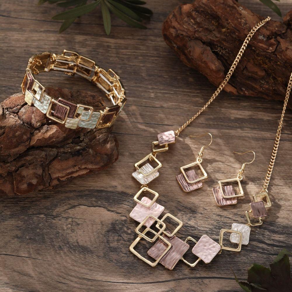 Geometric Necklace Bracelet Earrings Vintage Square Bracelet Vintage Colored Necklace Party
