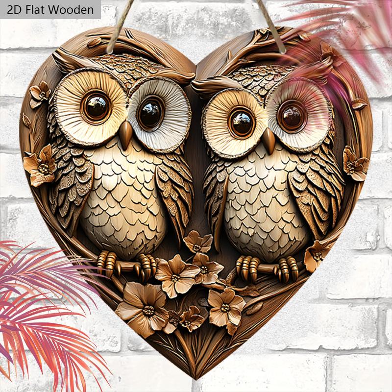 Vintage Couple Owl Wooden Sign with Heart-shaped, Love Ornament for Front Door Wall Hanging Decor, Ideal Home Ornament