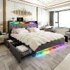 Linen Upholstered Bed,Features LED Strip, USB & Type-C Charging, Drawers, Headboard Shelf, and Wood Slats,Gray.