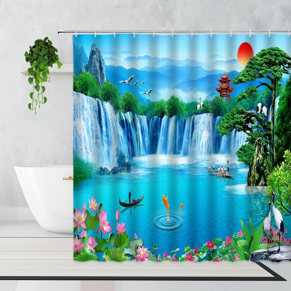 Zen Bamboo Forest Shower Curtain Summer Forest Jungle Waterfall Rock Nature Scenery Bath Curtains Set Green Landscape Bathroom