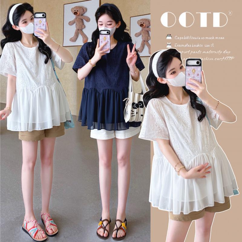 Maternity Summer 2026 Korean Style Embroidered Chiffon Doll Shirt and Belly Support Shorts Set