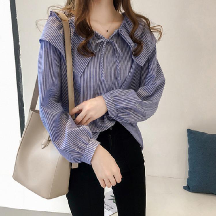 Осенняя женская рубашка в полоску в корейском стиле с воротником-куколкой — большой размер, свободная, шикарная, с длинными рукавами в гонконгском стиле