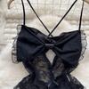 See-through Sexy Camisole Bodysuits Women Big Bow Hollow Out Open Crotch Skinny Playsuit Lace Rompers Backless Solid Sleeveless