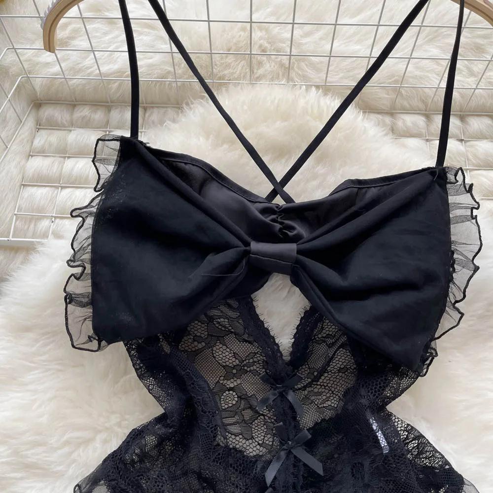 See-through Sexy Camisole Bodysuits Women Big Bow Hollow Out Open Crotch Skinny Playsuit Lace Rompers Backless Solid Sleeveless