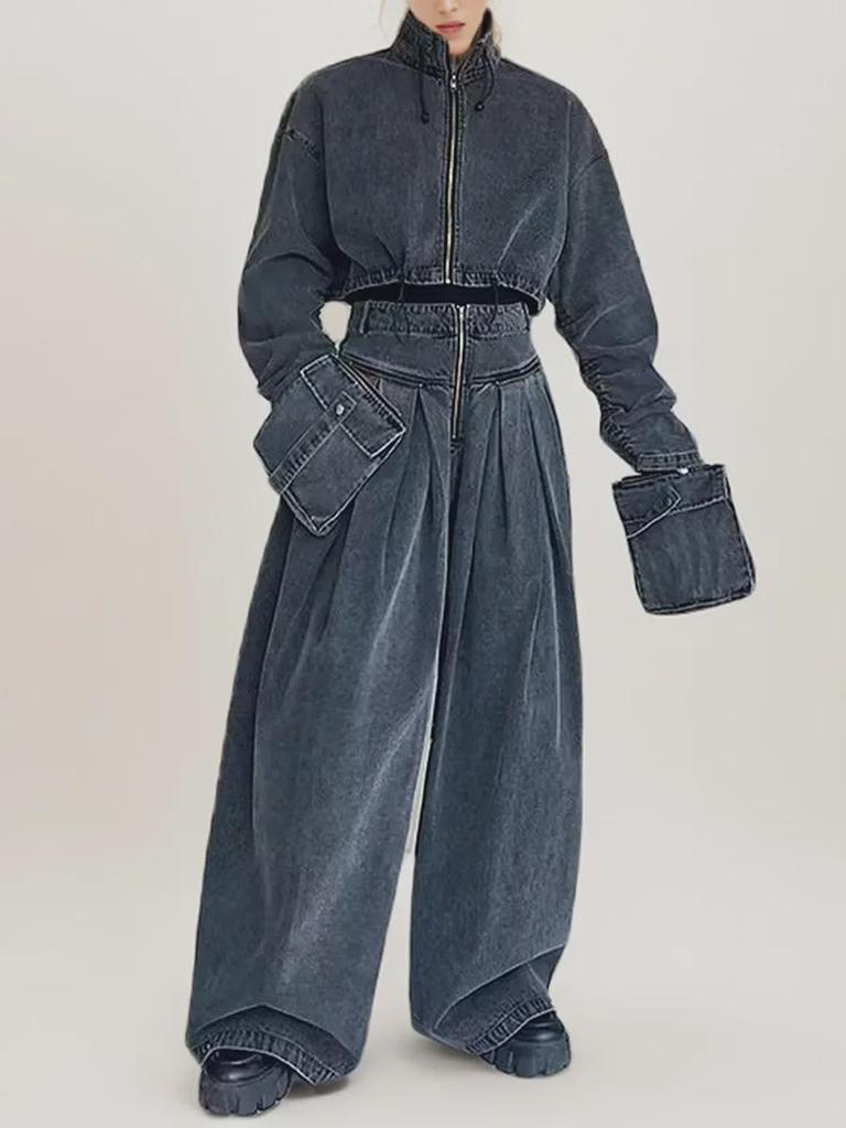 European & American Retro Workwear Denim Suit with Long-Sleeved Crop Top & High-Waist Wide-Leg Pants for Spring/Summer 2025.