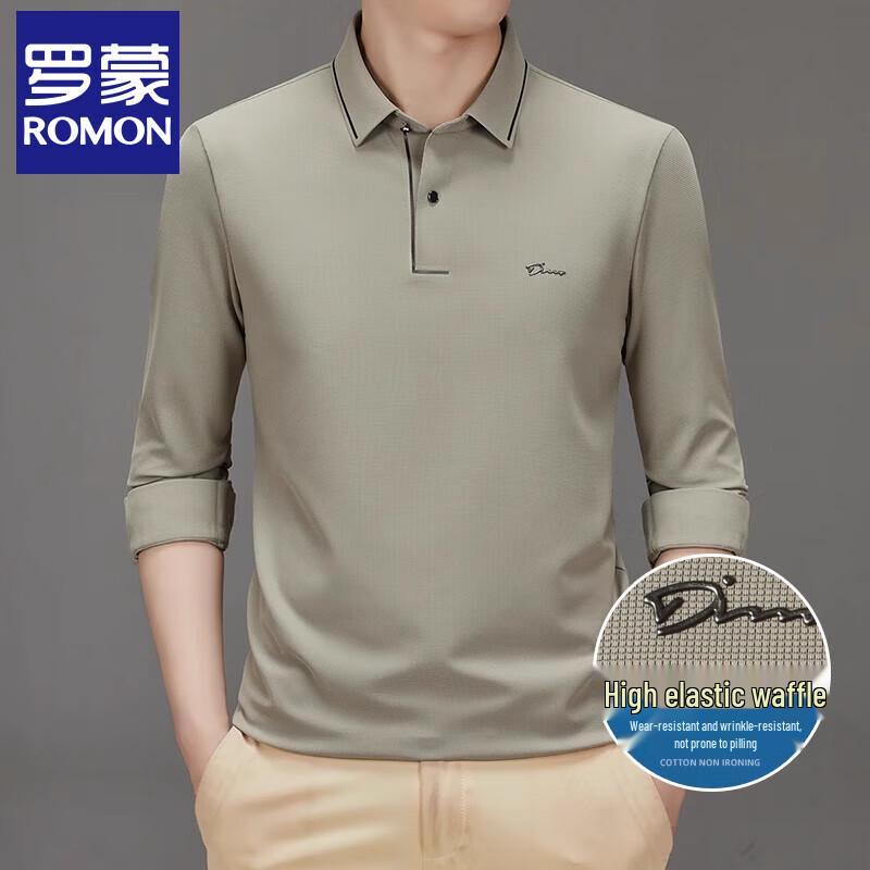 ROMON Men's Business Casual Long Sleeve Elastic Polo Shirt