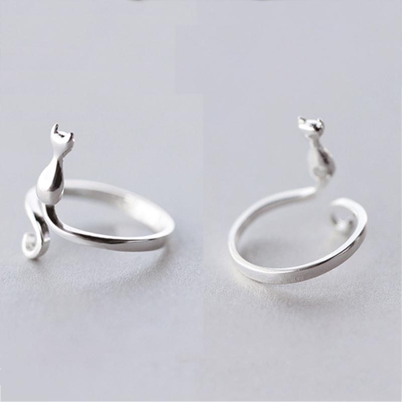 Новые модные обручальные кольца из серебра 925 пробы с милым котом для женщин, элегантные простые ювелирные изделия ручной работы для пар, регулируемые
