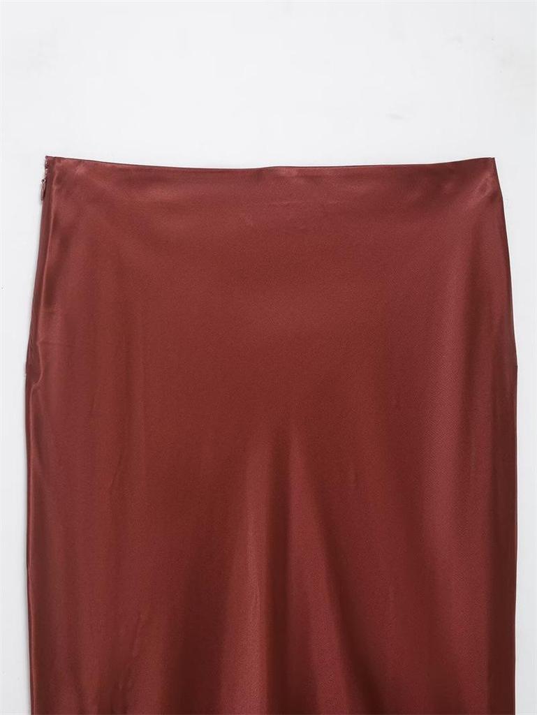 Женская европейская и американская юбка из шелкового атласа с блоками цвета и кружевной отделкой