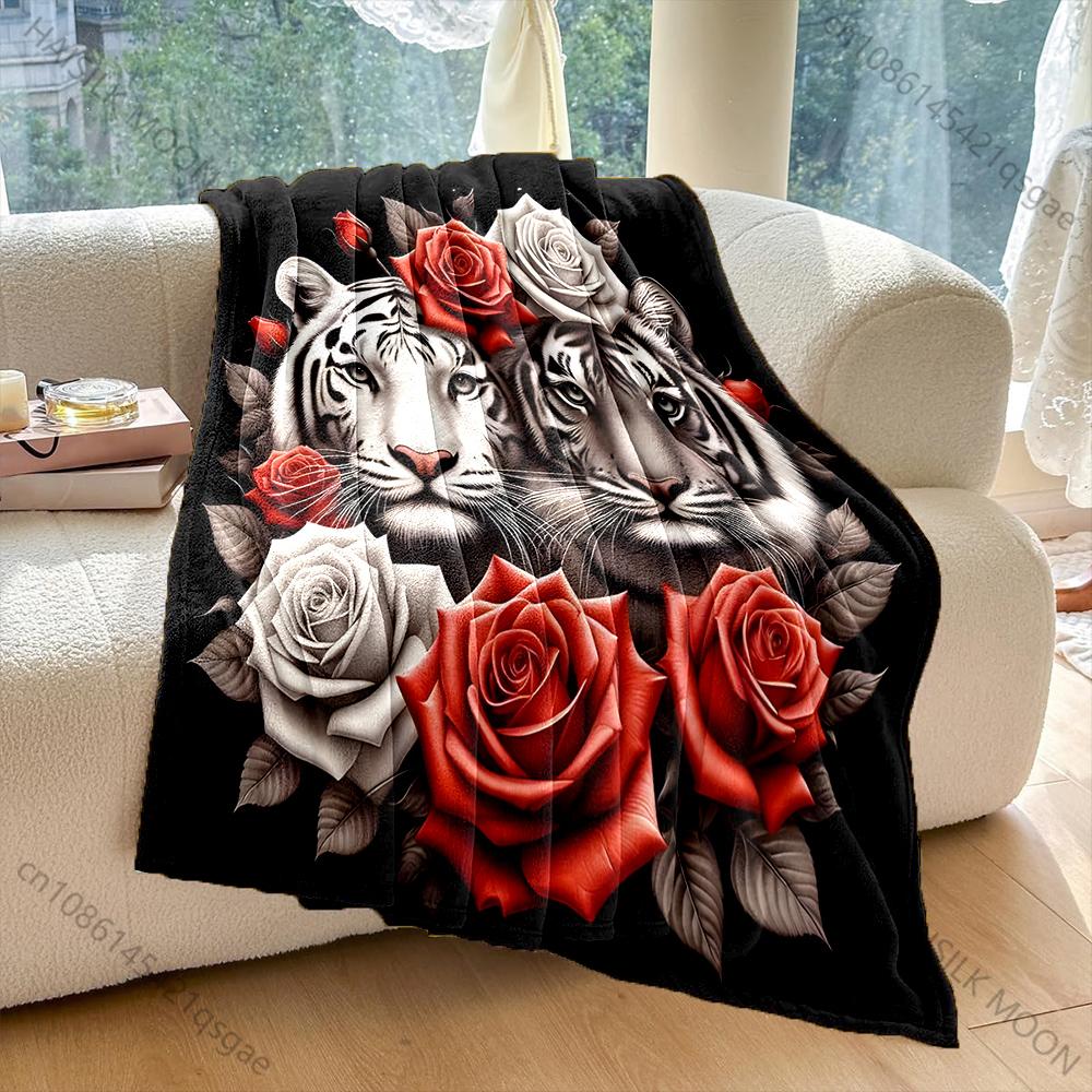 Tigers Surrounded By Vibrant Roses Pattern Blanket Flannel Material Soft Warm for All Seasons, Home Outdoor Camping Picnics RV