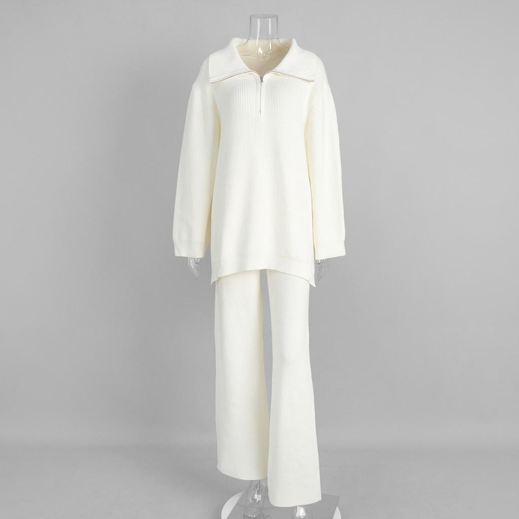 Новый женский вязаный костюм на осень-зиму 2025 года с воротником на молнии, длинными рукавами и брюками палаццо для Европы и Америки