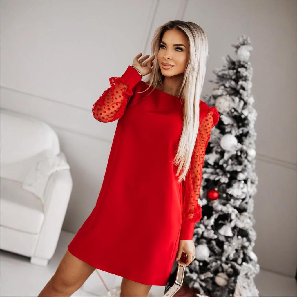 Весеннее платье 2025 года с длинным рукавом, сетчатое, с круглым вырезом, однотонное, для женщин