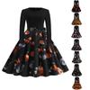 Модное женское винтажное расклешенное платье с длинным рукавом на Хэллоуин и принтом