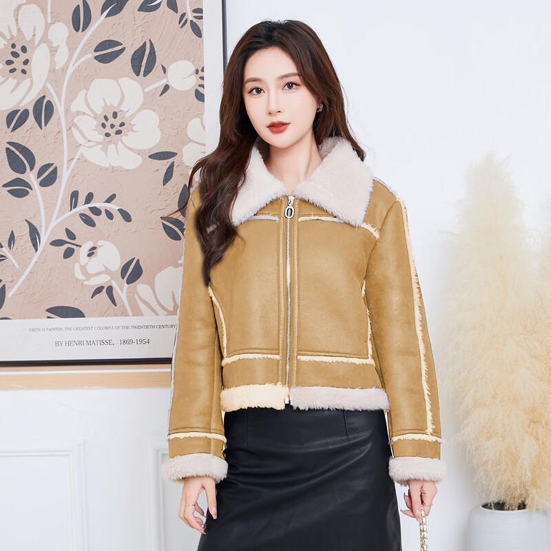 KAISER Women's Retro Lapel Shearling Motorcycle Coat