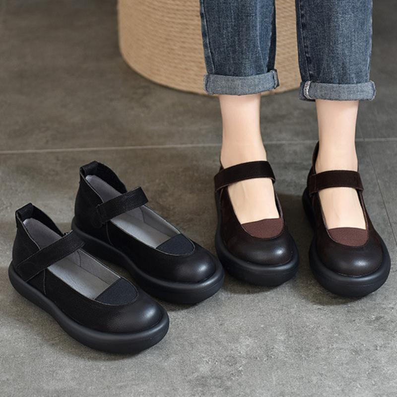 Johnature Shallow Genuine Leather Round Toe Thick Sole Flat Shoes Mary Jane Women's Shoes