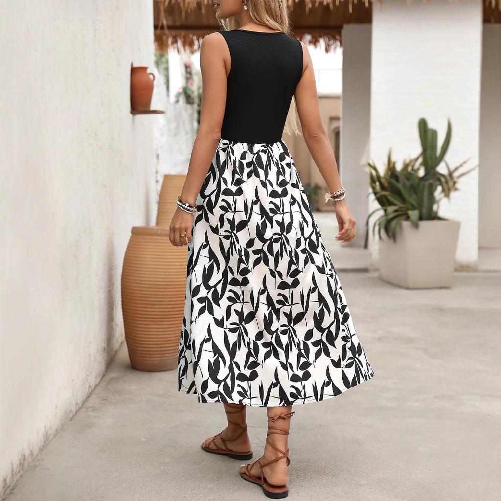 Весна лето Женское трикотажное платье Модное цветочное пэчворк облегающее платье без рукавов эластичное А-силуэт сексуальное черное платье-майка