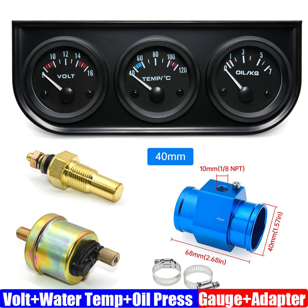 3 IN 1 Triple Gauge Kit 12V 52mm VOLT+Water Temp Meter+Oil Pressure Gauge+Sensor Temperature Radiator Hose Adapter 26MM-40MM