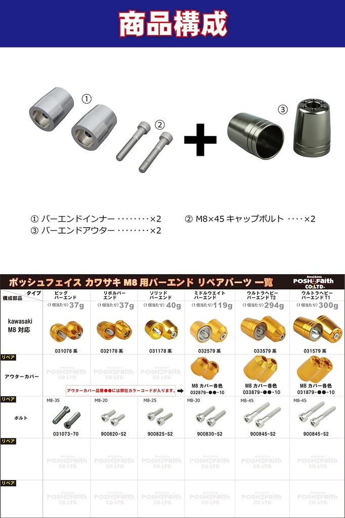 POSH FAITH Ultra Heavy Handlebar Ends for Kawasaki Genuine M8 for Handlebars, Type, Titanium, NINJA250, Z900RS, ZRX1200DAEG, Etc. (Product Code