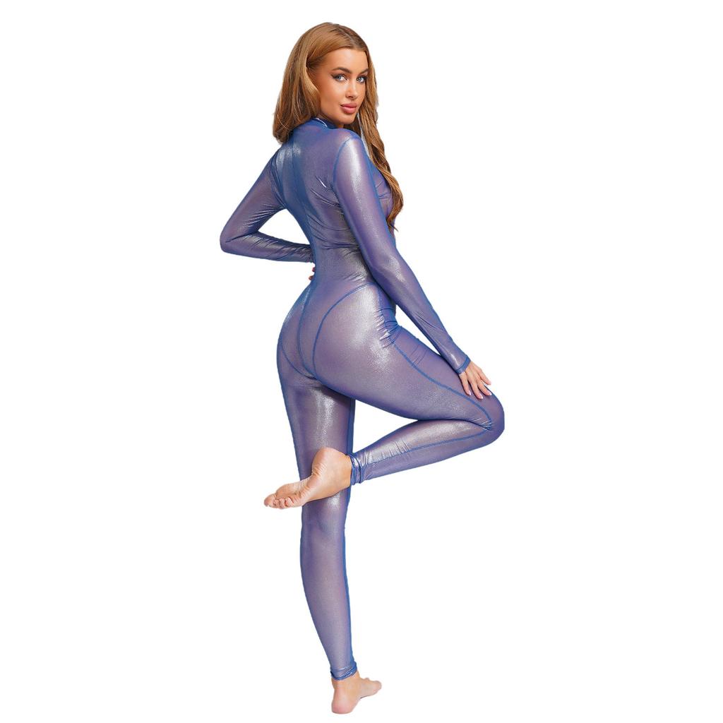 Женский блестящий металлический комбинезон-боди с длинным рукавом, леггинсы с высокой талией, комбинезон с молнией сзади