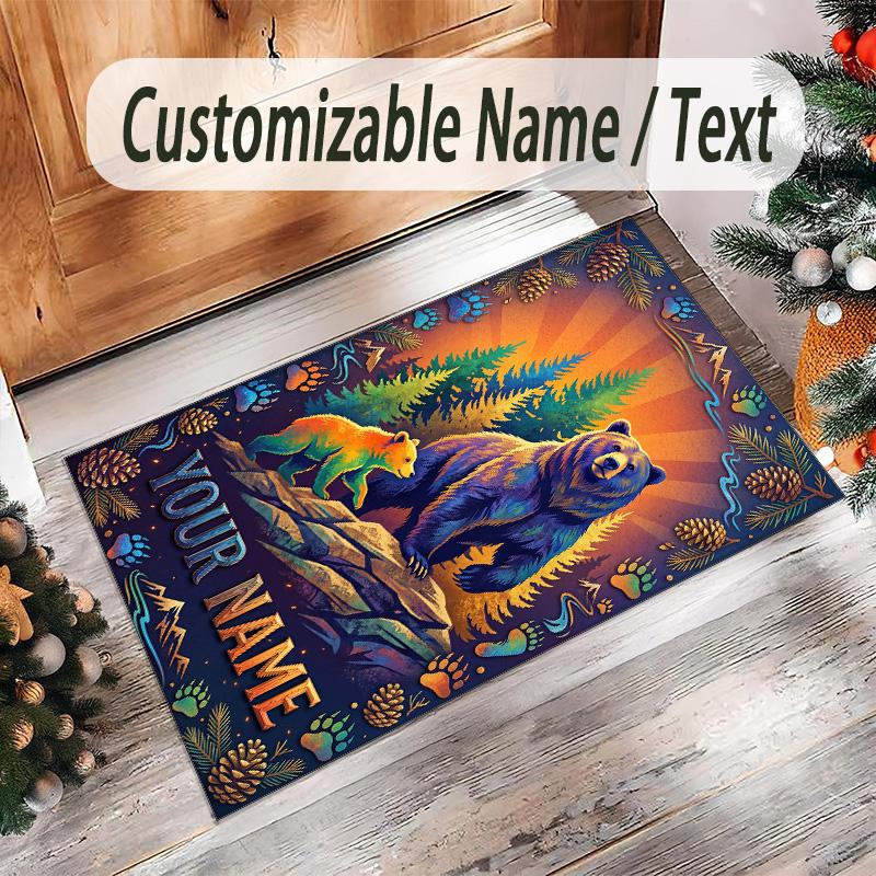 Teddy Bear Theme Crystal Velvet Rug Personalized Custom Name Text Soft Floor Mat Home Decor