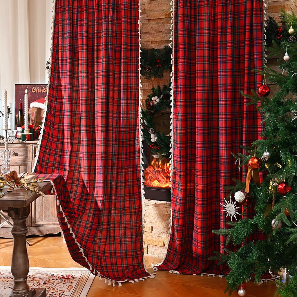 2025New Plaid Pattern Curtains Lace Curtains Rod Tassel Curtains Vintage Red Curtains
