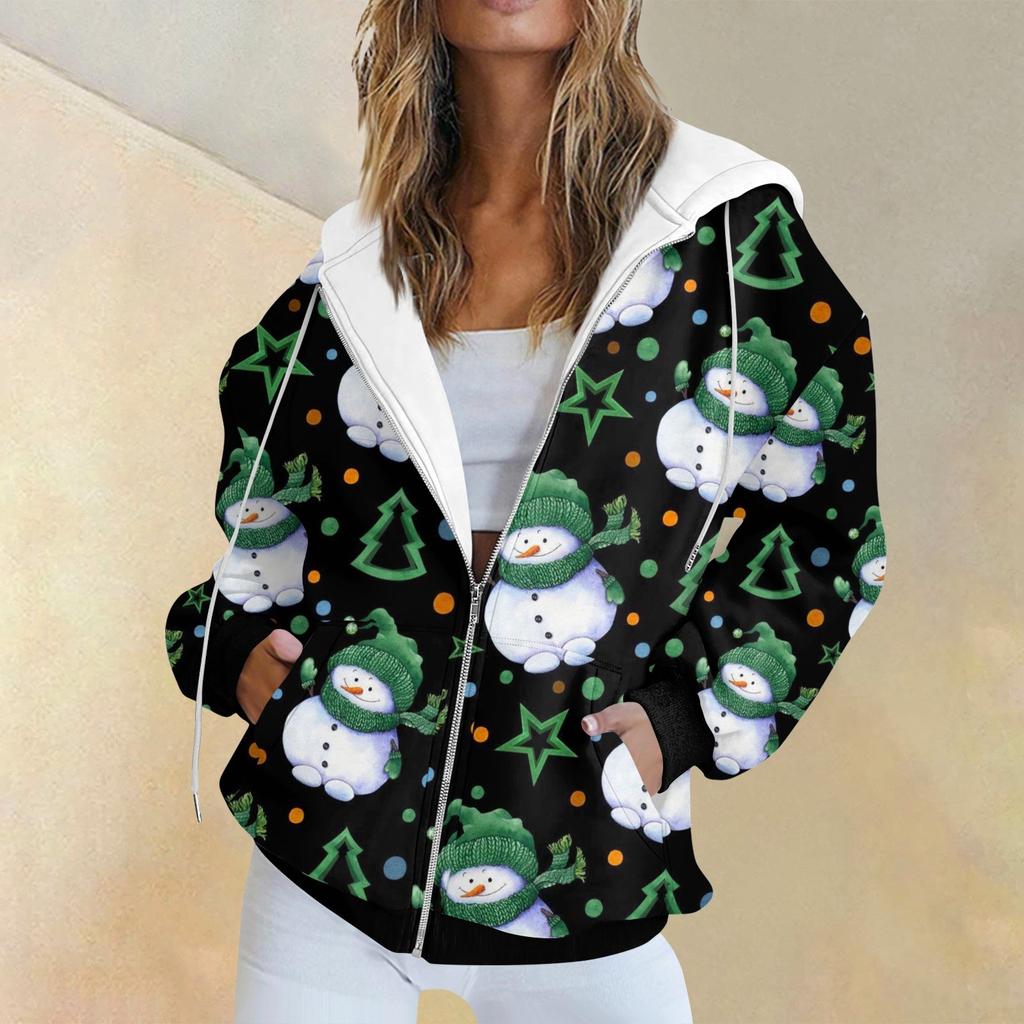 Женская модная повседневная толстовка с рождественским принтом и длинными рукавами, карманная куртка, пальто с капюшоном на молнии
