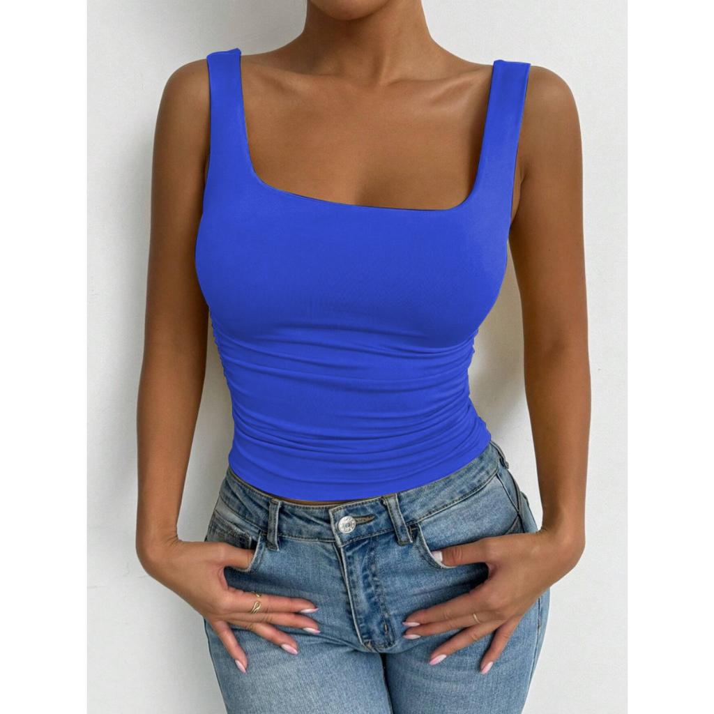 Women's Sleeveless Camisole Vest with Square Neckline, Casual Basic Style, Exposed Navel Top