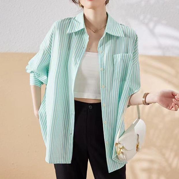 Полосатая рубашка, куртка, женская весенняя верхняя одежда, блузка с длинными рукавами, рубашка, весна и осень, повседневная, ленивая, ветреная, винтажная, базовая, офисная, повседневная женская рубашка