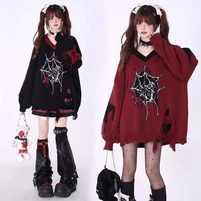 Зимний корейский сладкий Y2k ретро вязаный свитер женский новый Harajuku мода V-образный вырез трикотажные пуловеры дырки пэчворк свободная одежда