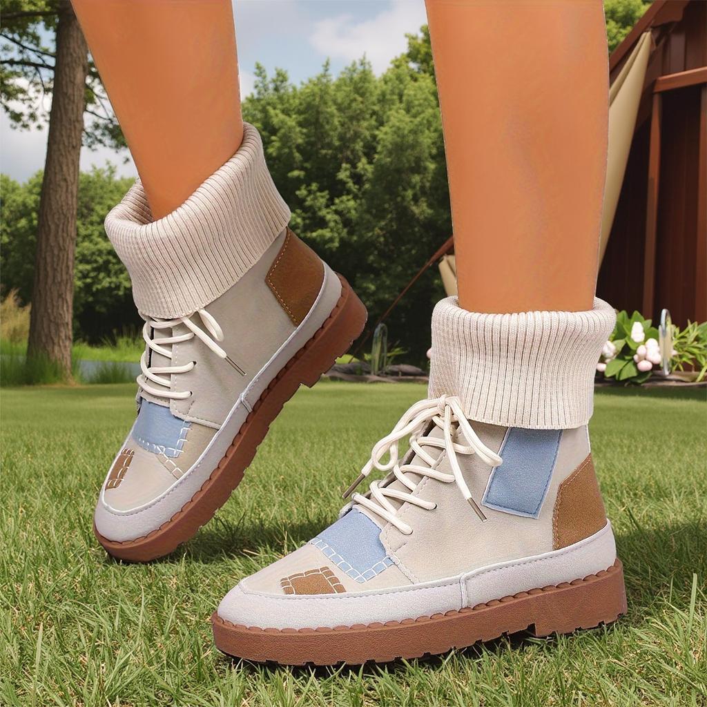 Beige & Blue Plaid Chunky Low Heel Lace-Up Ankle To Mid-Calf Booties - Round Toe Casual Winter with Sole & Fabric Upper
