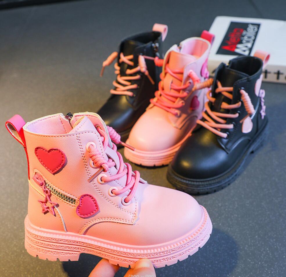 Fashion Girls Boots Kids Fashion Rubber Boots Cool Girl Autumn and Winter Cotton Soft Sole Pink with Love Side Zip Princess Round-toe PU