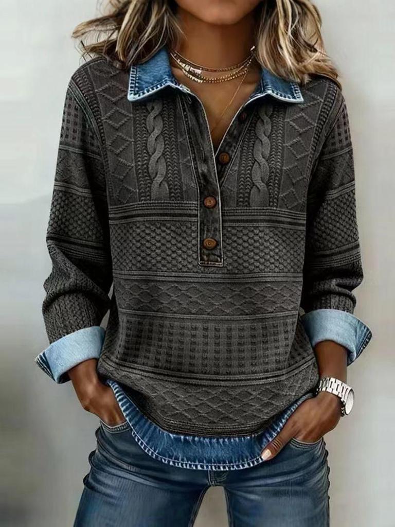 Новая европейская женская рубашка с лацканами и длинным рукавом, вязаная: Универсальный Повседневный Пэчворк Деним Осень/Зима